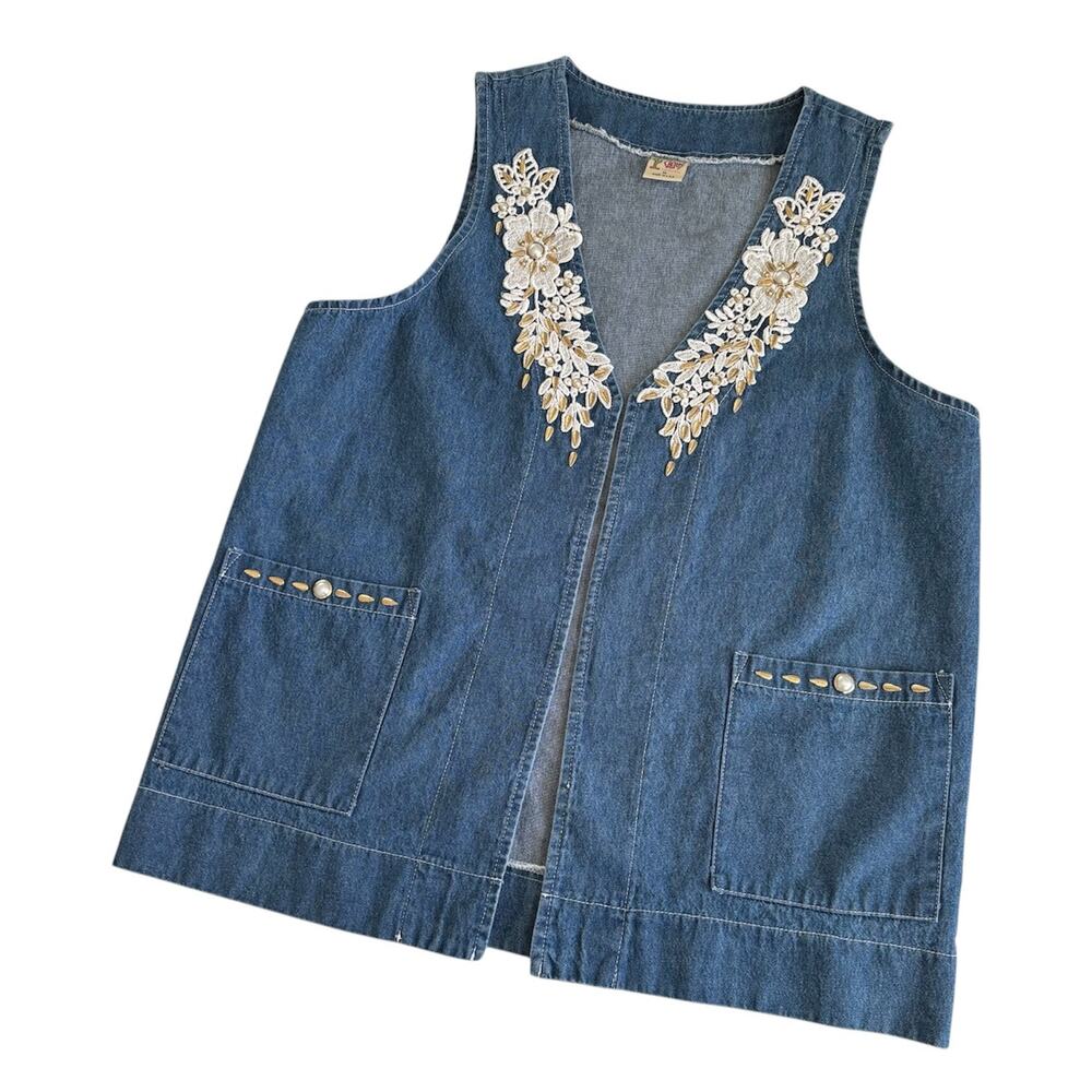 Vintage 90s Cactus California Lace Applique Blue Jean Denim Vest Women’s Medium - Picture 1 of 8
